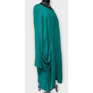 FLAX Womens Maxi Dress‎ Size L Teal 100% Linen Long Sleeve Pockets Lagenlook